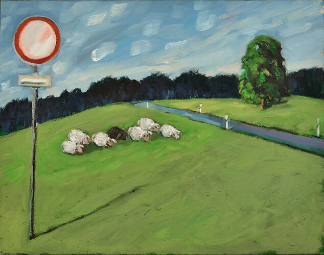 Holger Lehfeld: Integration (Schafe). Öl/ LW 
40cm mal 50cm
2007