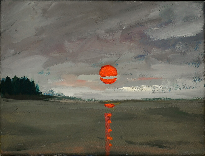 Holger Lehfeld: Rote Sonne. Öl/ Lw 
18cm mal 24cm
2018