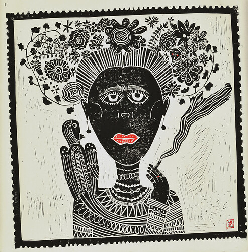 Ines Richardts: Frida Kahlo. Linoldruck 
(Ex. 12/16) 
56cm mal 56cm 
2019